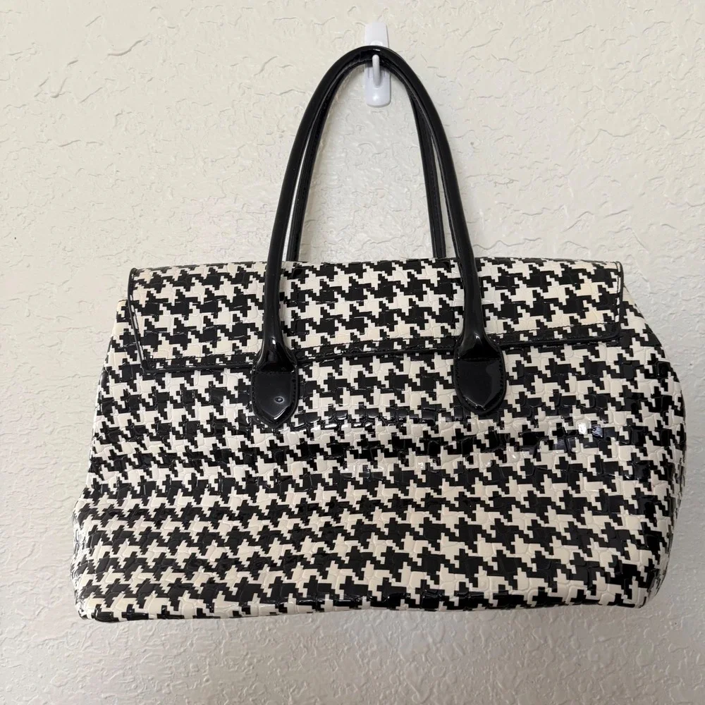 Unbranded Houndstooth Satchel Tote Womens Large Black White Glossy Patent Retro